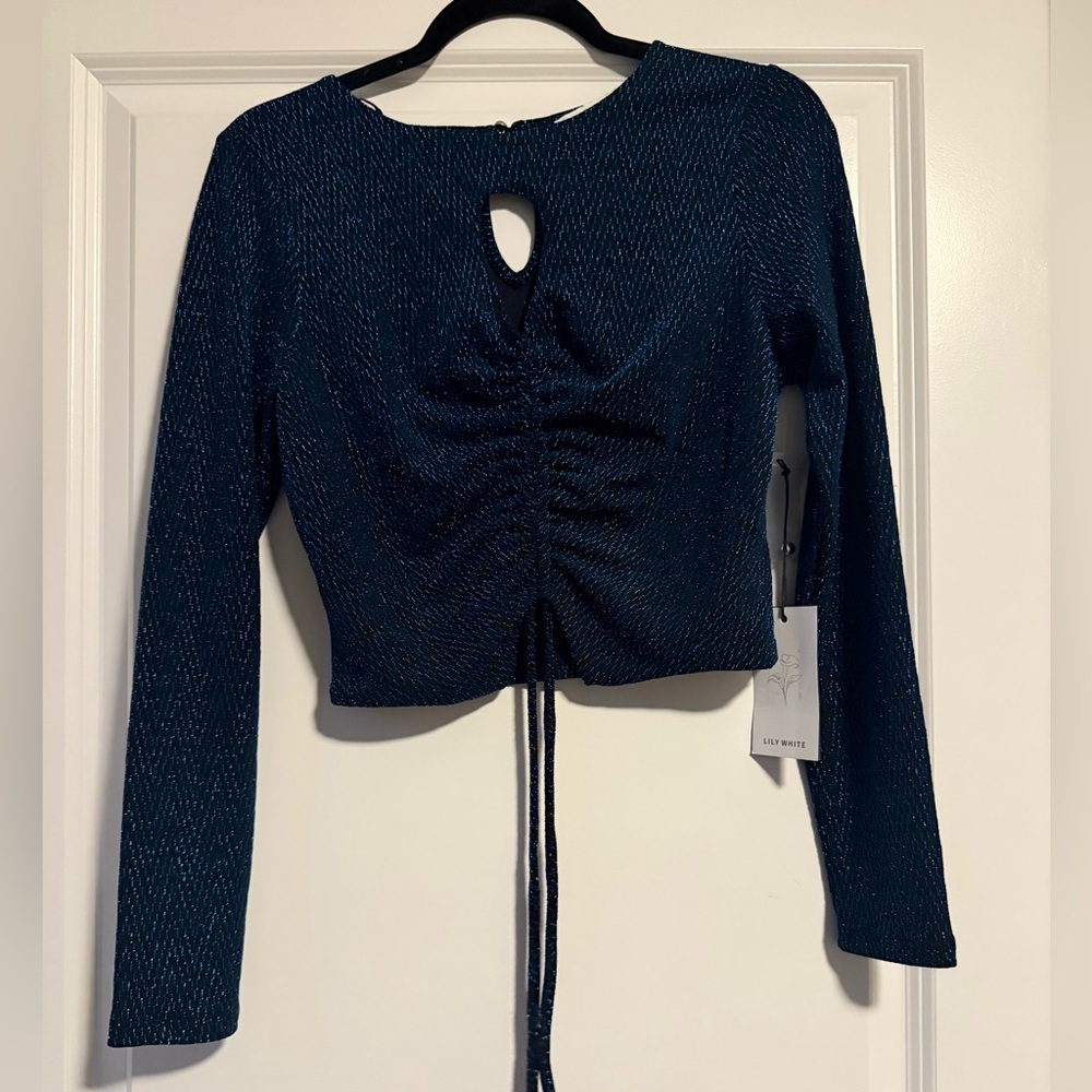 Lily White Teal Ruched Long Sleeve Blouse